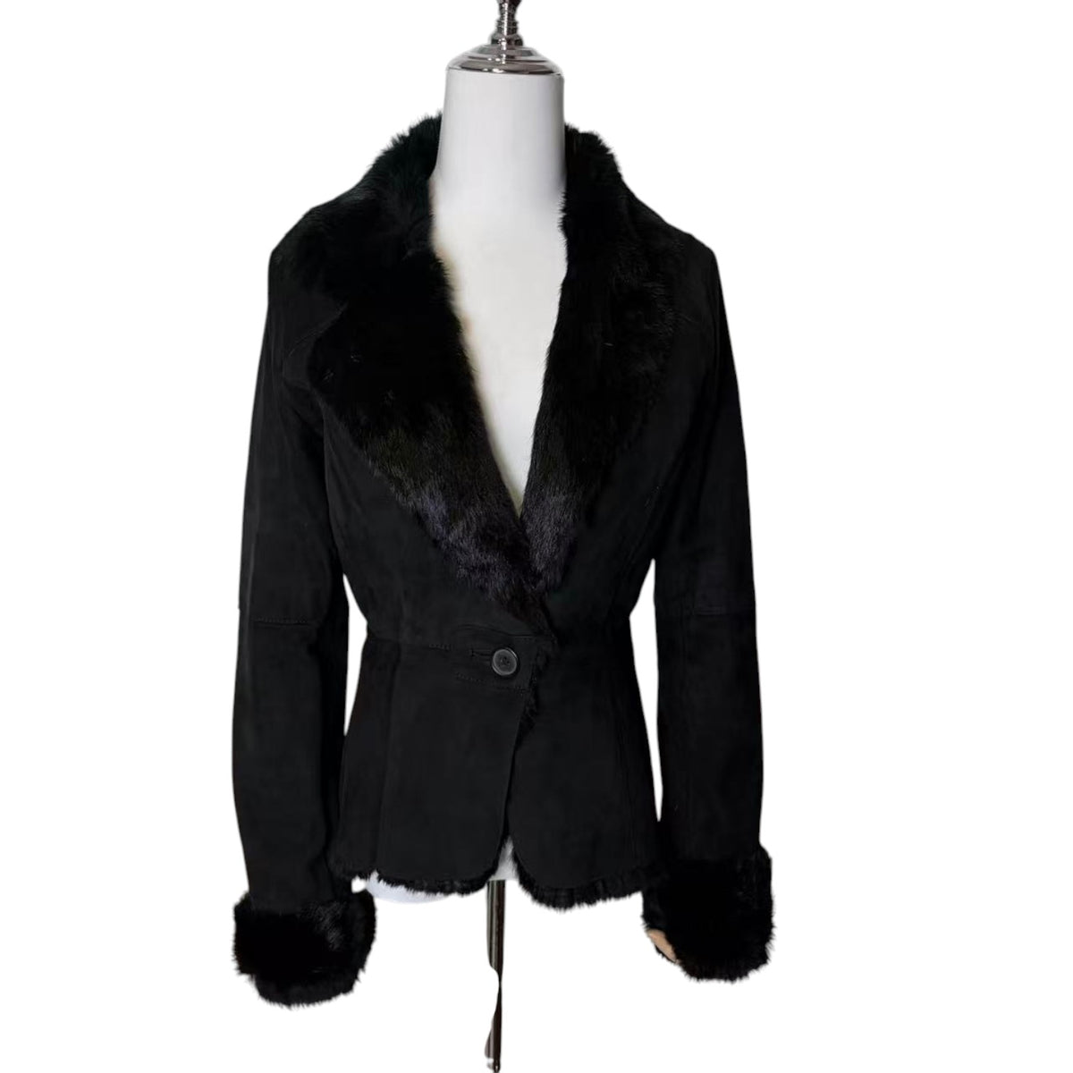 SHEEPSKIN SHEARLING REAL FUR JACKET SHORT COAT BLACK LIGHTWEIGHT ELEGANT