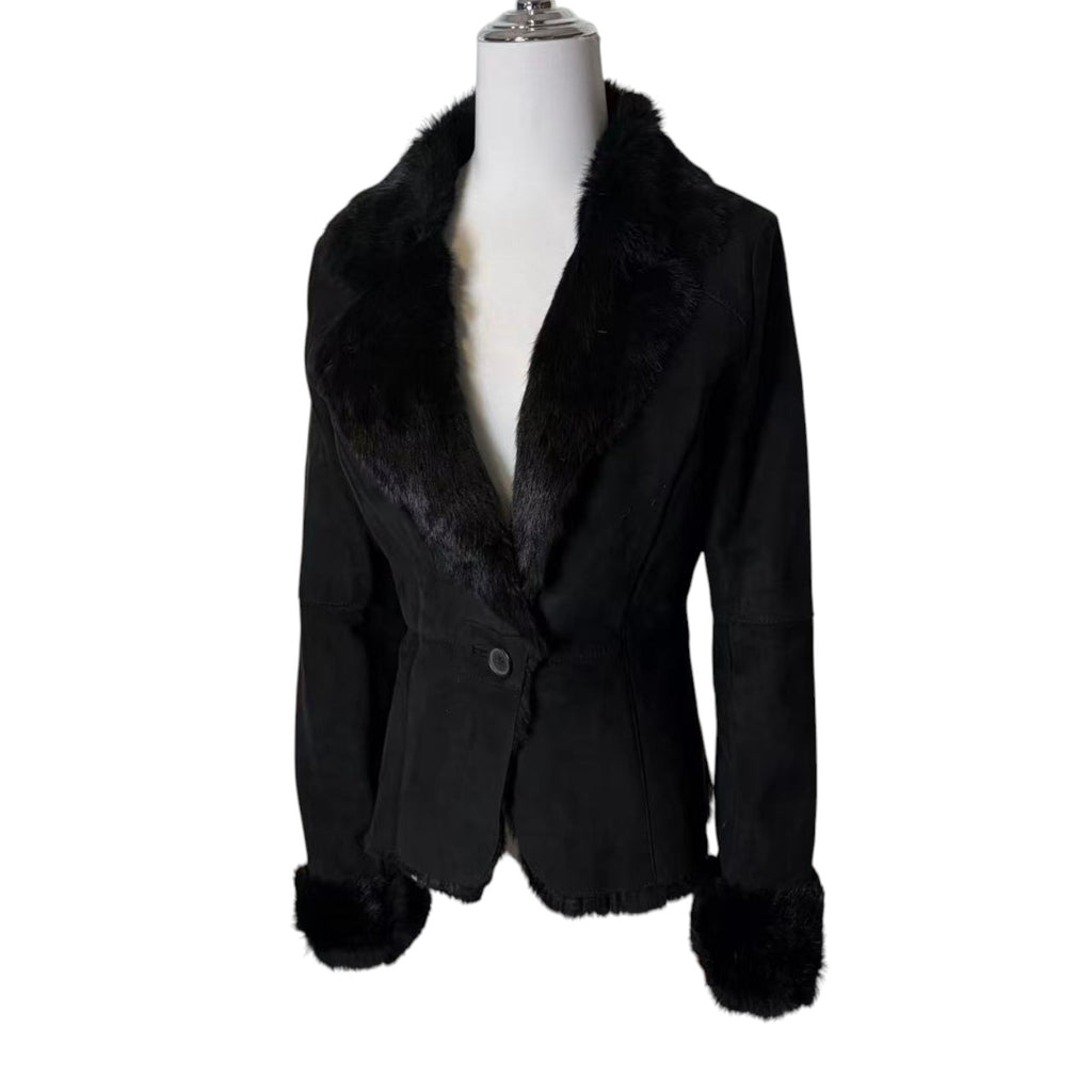 SHEEPSKIN SHEARLING REAL FUR JACKET SHORT COAT BLACK LIGHTWEIGHT ELEGANT