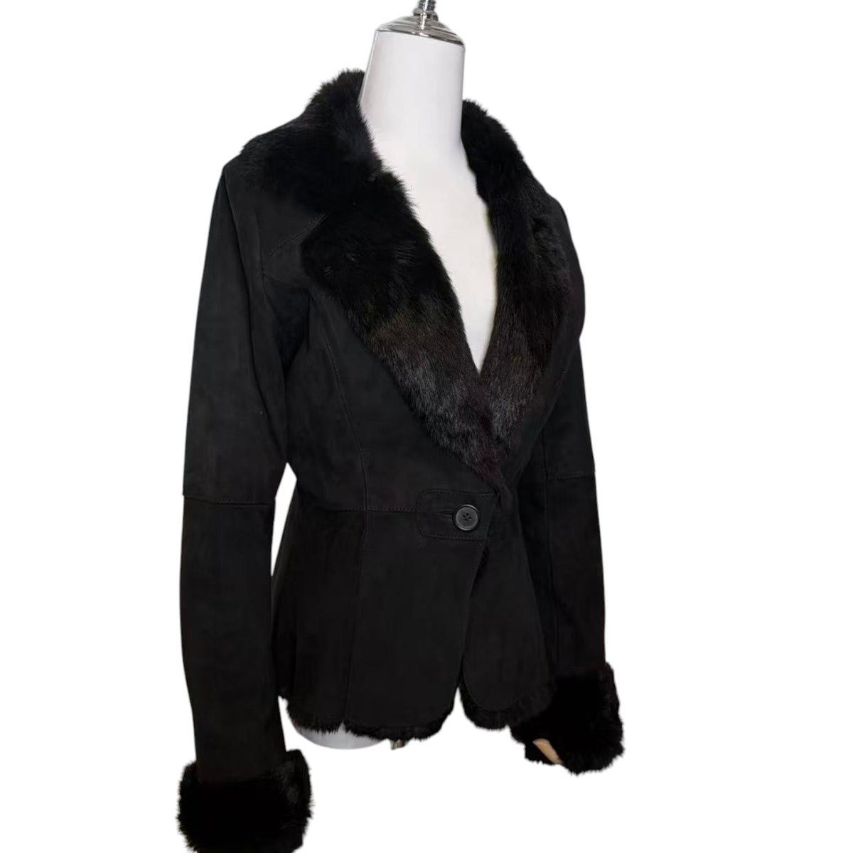 SHEEPSKIN SHEARLING REAL FUR JACKET SHORT COAT BLACK LIGHTWEIGHT ELEGANT