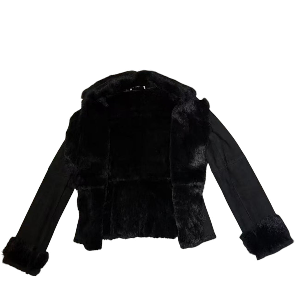 SHEEPSKIN SHEARLING REAL FUR JACKET SHORT COAT BLACK LIGHTWEIGHT ELEGANT