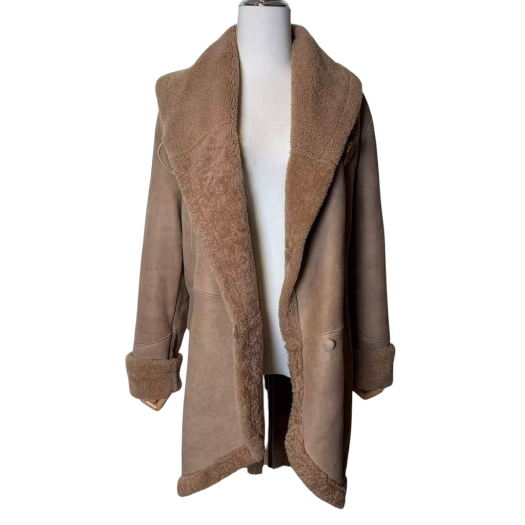 PEAU D ANE SHEEPSKIN SHEARLING MOUTON COAT OVERSIZED COLLAR LIGHT BROWN L
