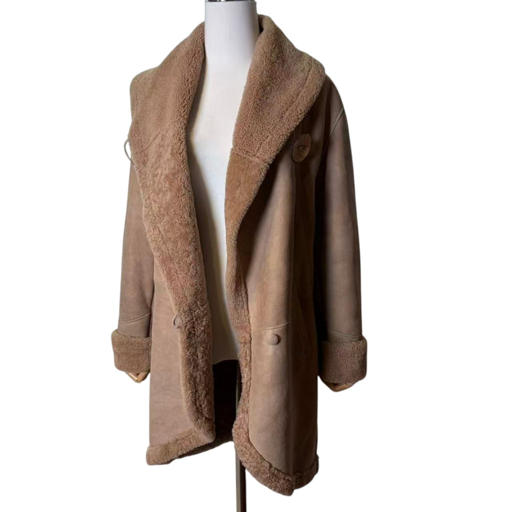 PEAU D ANE SHEEPSKIN SHEARLING MOUTON COAT OVERSIZED COLLAR LIGHT BROWN L