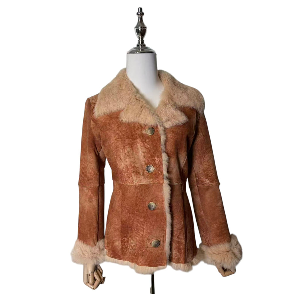SHEEPSKIN SHEARLING MOUTON FUR SHORT COAT JACKET RARE ORANGE CAMEL SIZE S