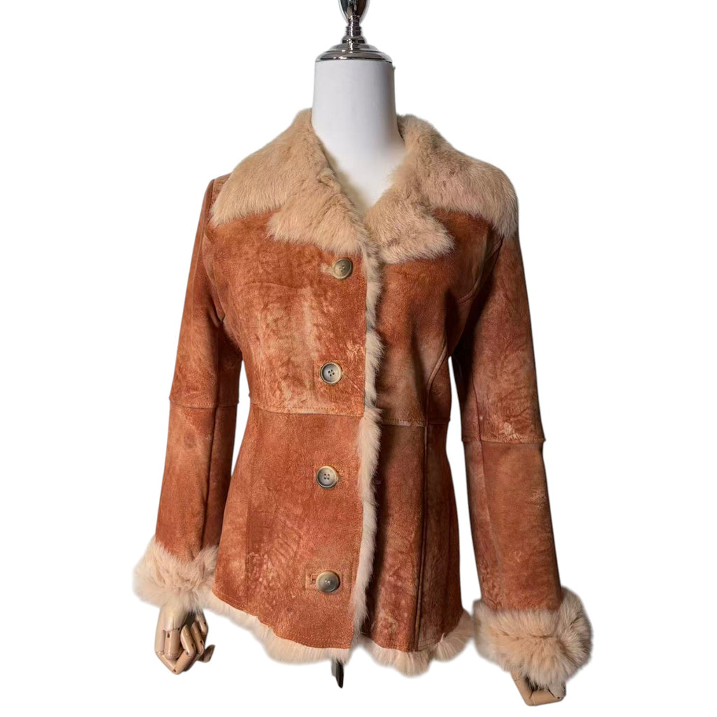 SHEEPSKIN SHEARLING MOUTON FUR SHORT COAT JACKET RARE ORANGE CAMEL SIZE S