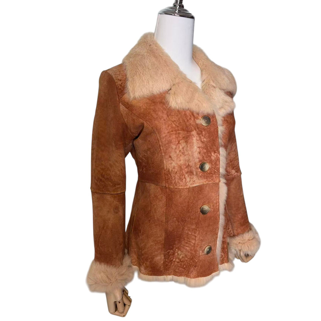 SHEEPSKIN SHEARLING MOUTON FUR SHORT COAT JACKET RARE ORANGE CAMEL SIZE S