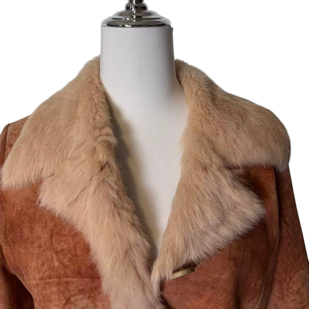 SHEEPSKIN SHEARLING MOUTON FUR SHORT COAT JACKET RARE ORANGE CAMEL SIZE S