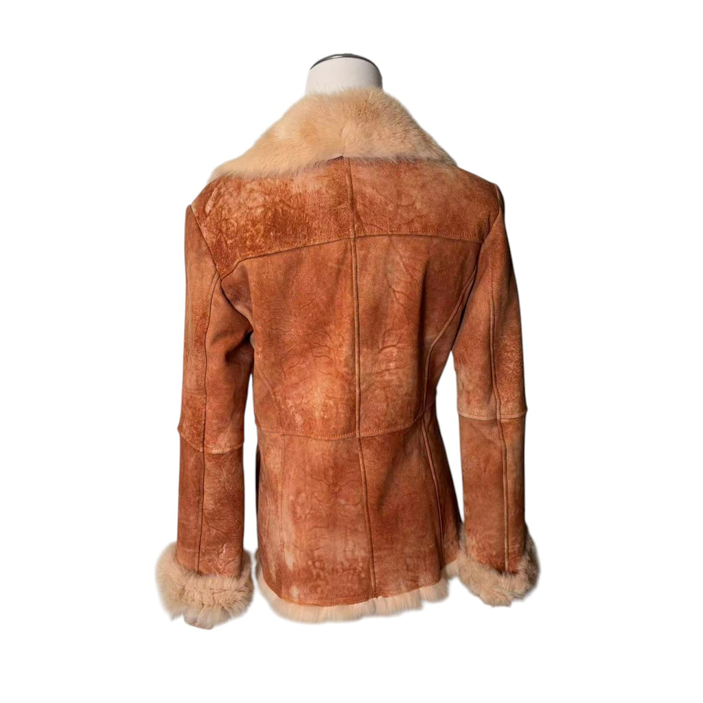 SHEEPSKIN SHEARLING MOUTON FUR SHORT COAT JACKET RARE ORANGE CAMEL SIZE S