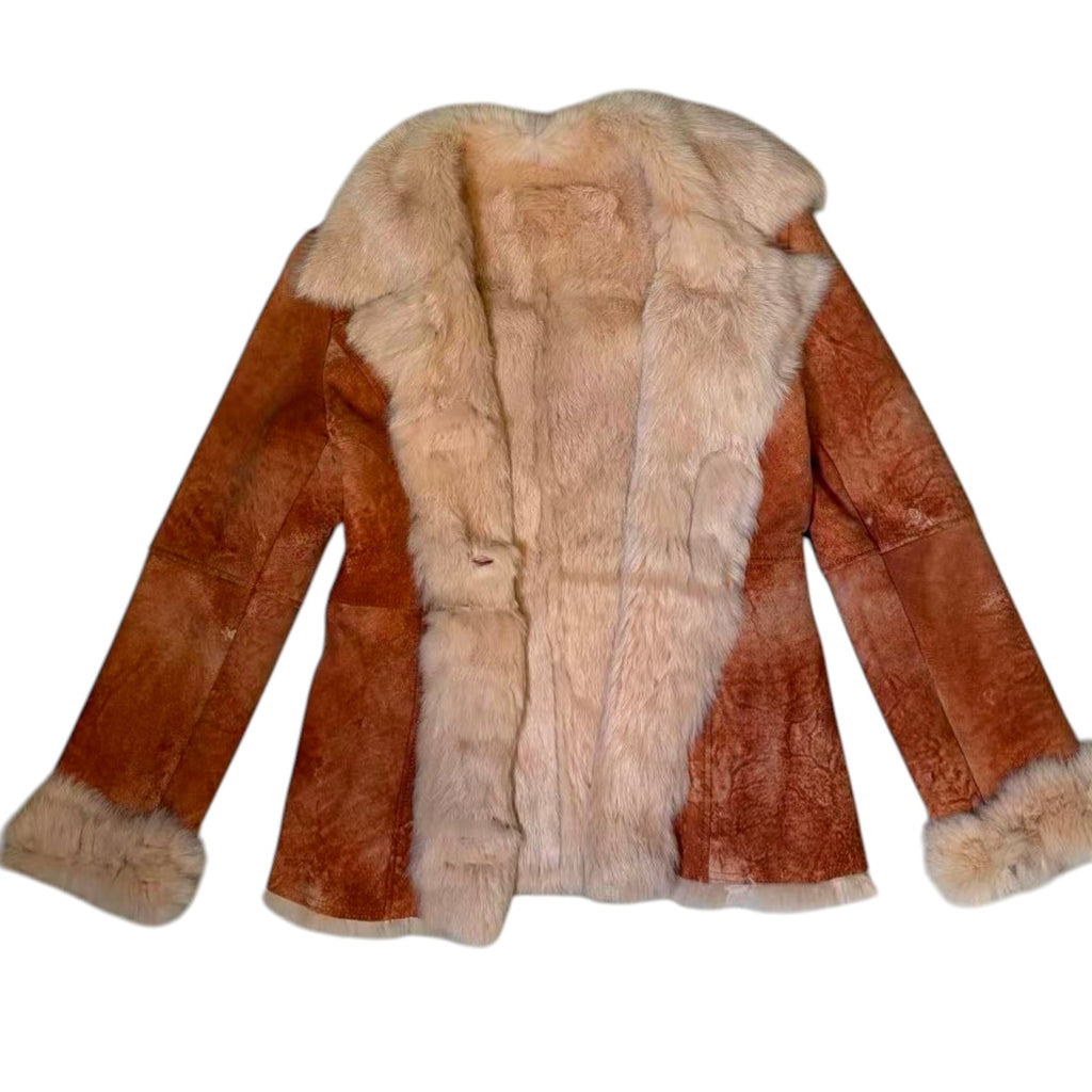 SHEEPSKIN SHEARLING MOUTON FUR SHORT COAT JACKET RARE ORANGE CAMEL SIZE S