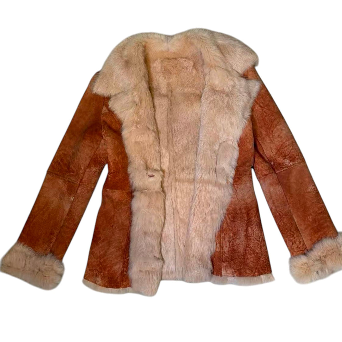SHEEPSKIN SHEARLING MOUTON FUR SHORT COAT JACKET RARE ORANGE CAMEL SIZE S