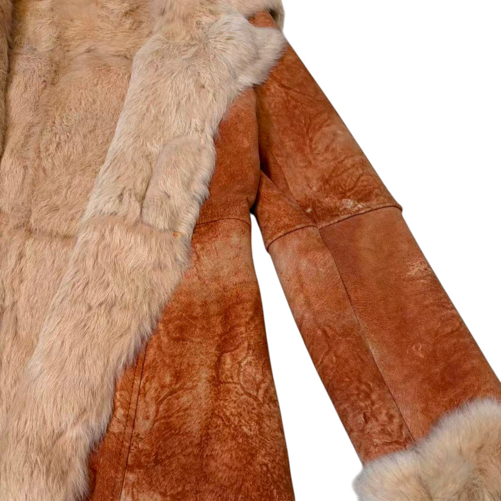 SHEEPSKIN SHEARLING MOUTON FUR SHORT COAT JACKET RARE ORANGE CAMEL SIZE S
