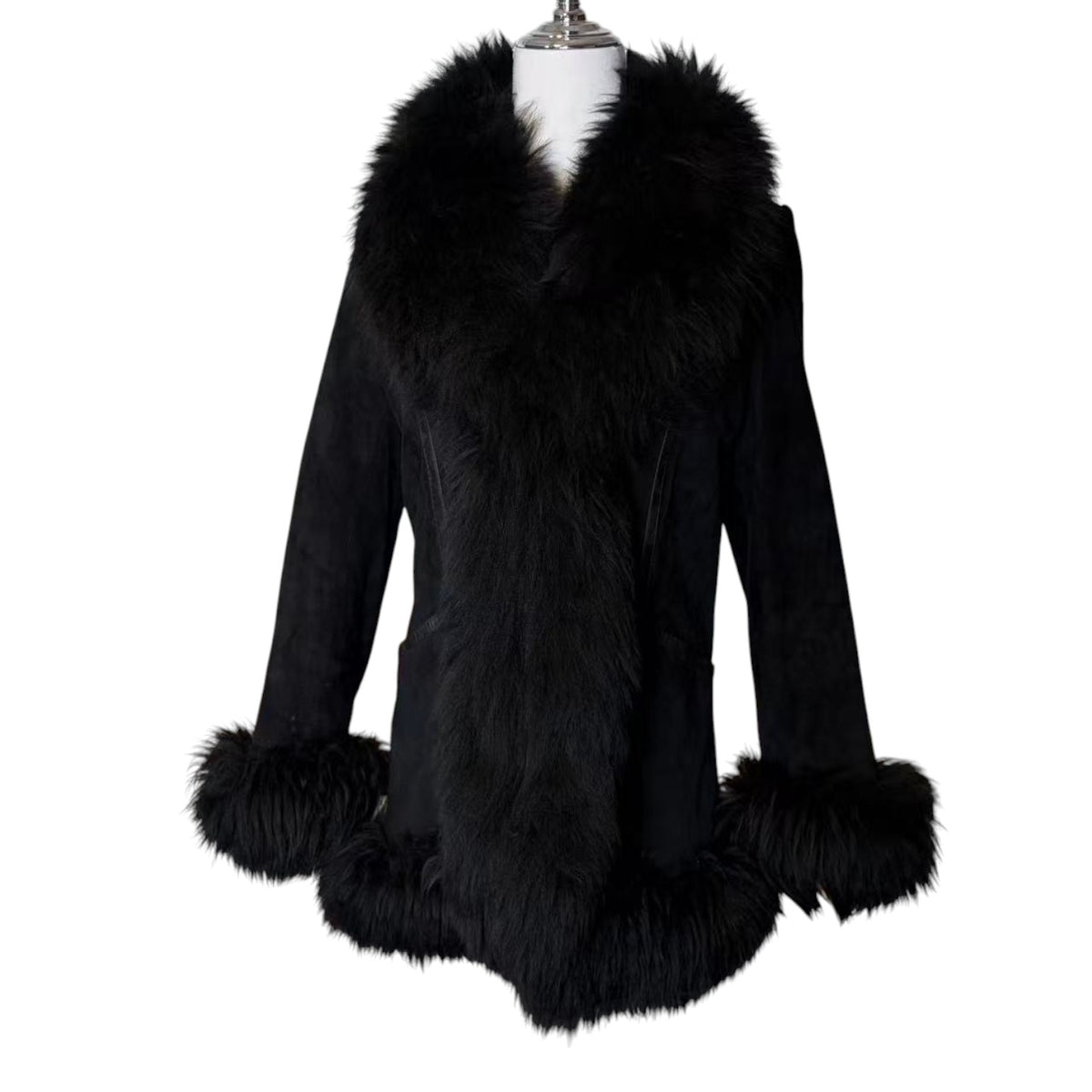 SHEEPSKIN SHEARLING MOUTON REAL FUR MID LENGTH COAT SHAWL COLLAR BLACK M