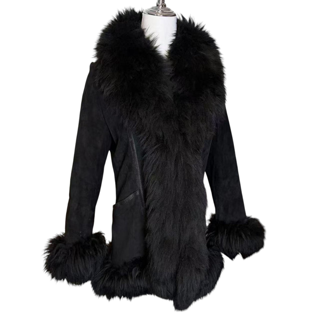 SHEEPSKIN SHEARLING MOUTON REAL FUR MID LENGTH COAT SHAWL COLLAR BLACK M