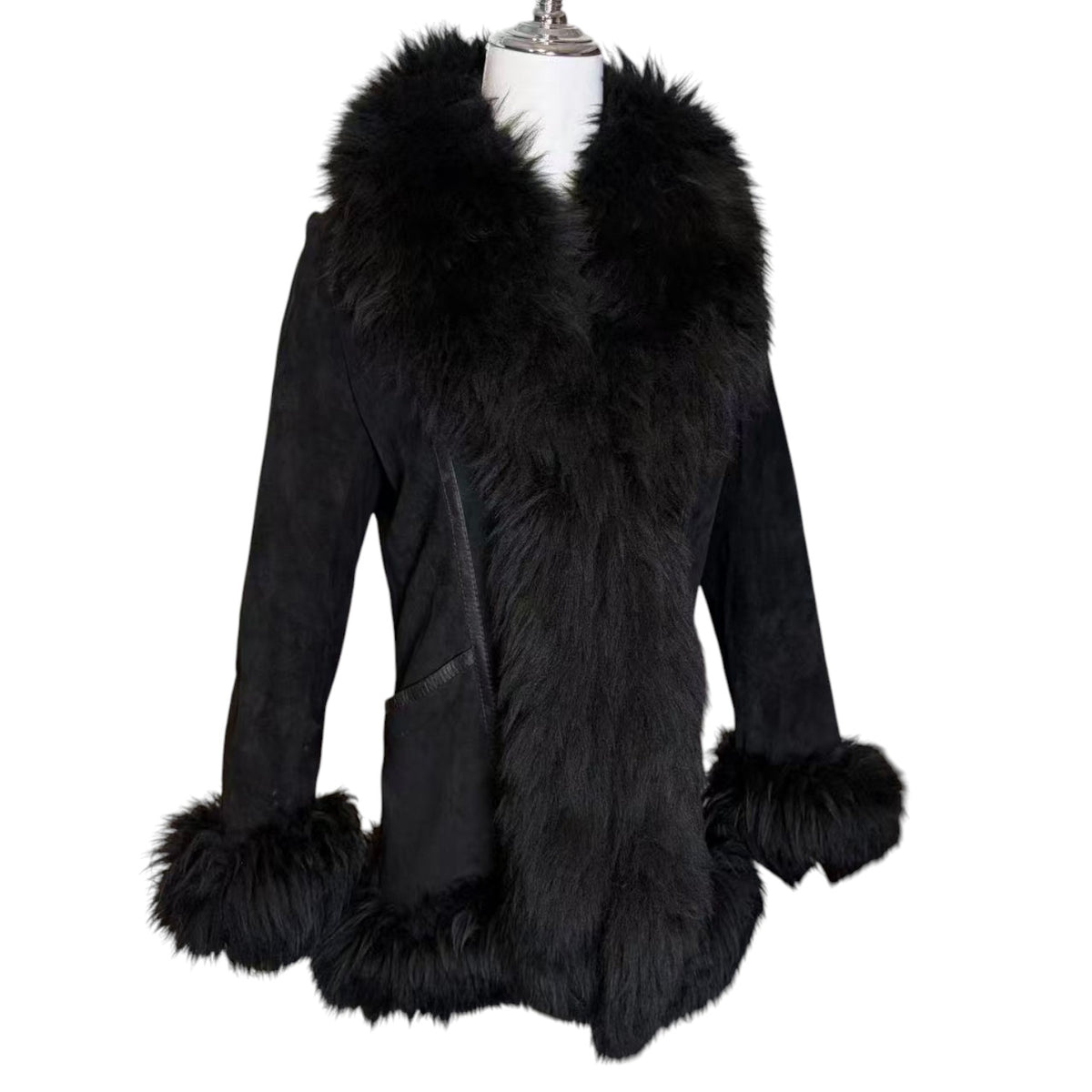SHEEPSKIN SHEARLING MOUTON REAL FUR MID LENGTH COAT SHAWL COLLAR BLACK M