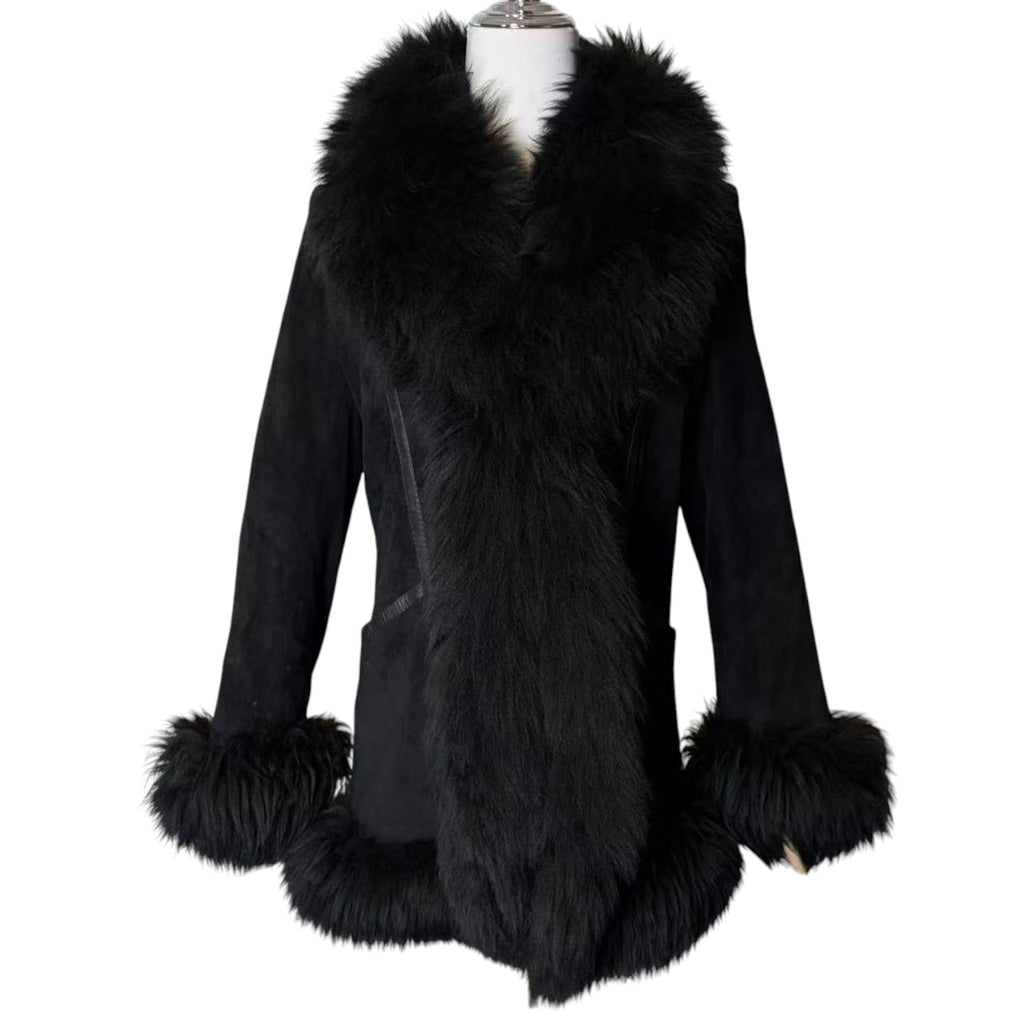 SHEEPSKIN SHEARLING MOUTON REAL FUR MID LENGTH COAT SHAWL COLLAR BLACK M