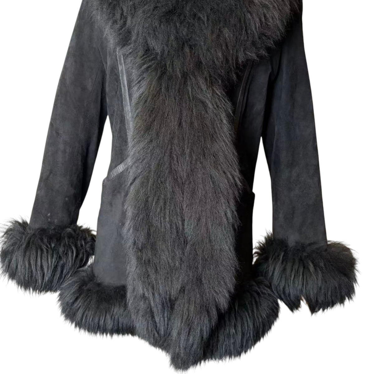 SHEEPSKIN SHEARLING MOUTON REAL FUR MID LENGTH COAT SHAWL COLLAR BLACK M