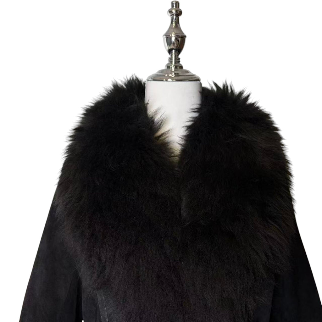 SHEEPSKIN SHEARLING MOUTON REAL FUR MID LENGTH COAT SHAWL COLLAR BLACK M