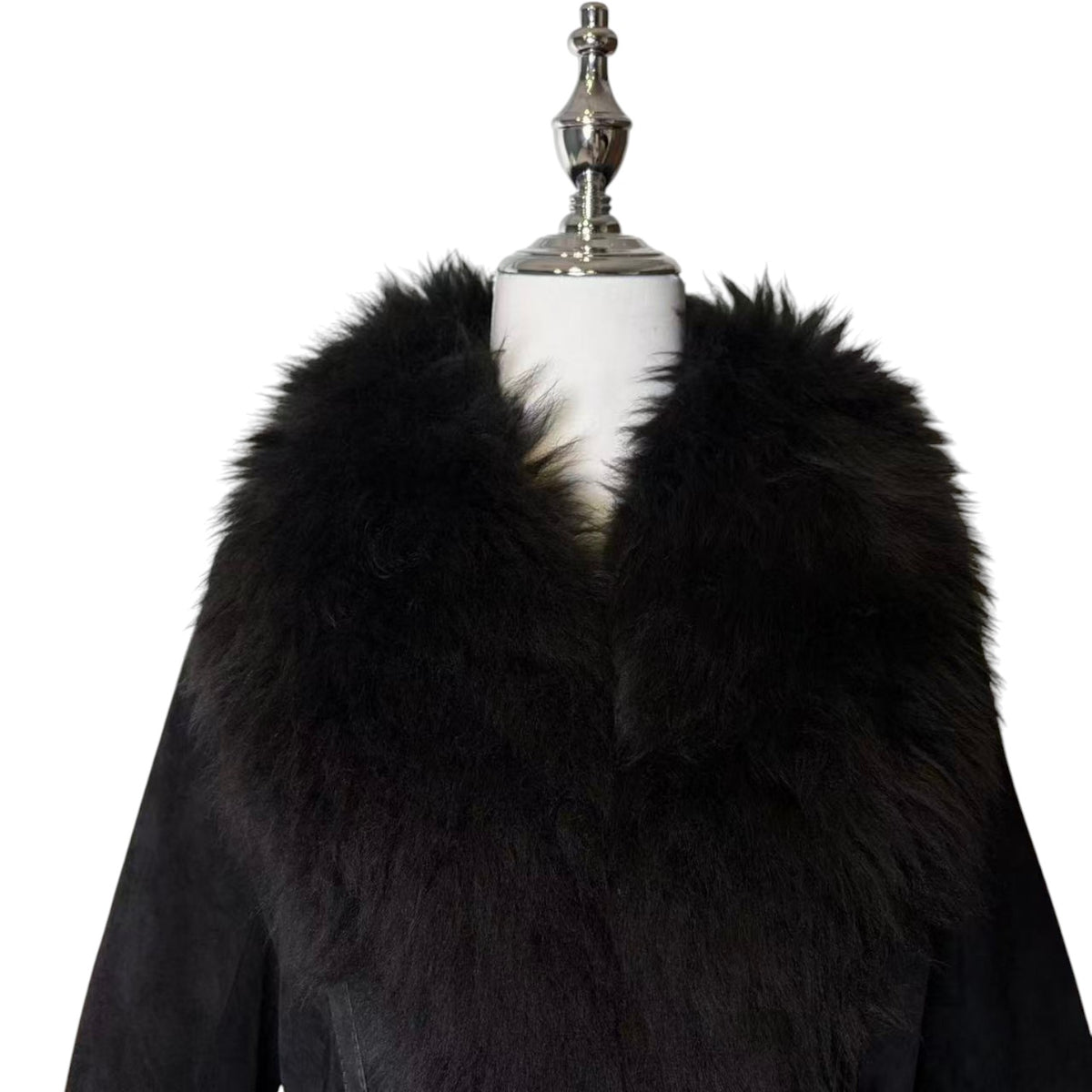 SHEEPSKIN SHEARLING MOUTON REAL FUR MID LENGTH COAT SHAWL COLLAR BLACK M