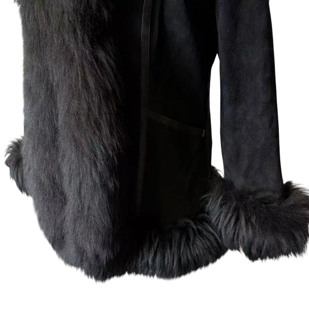 SHEEPSKIN SHEARLING MOUTON REAL FUR MID LENGTH COAT SHAWL COLLAR BLACK M