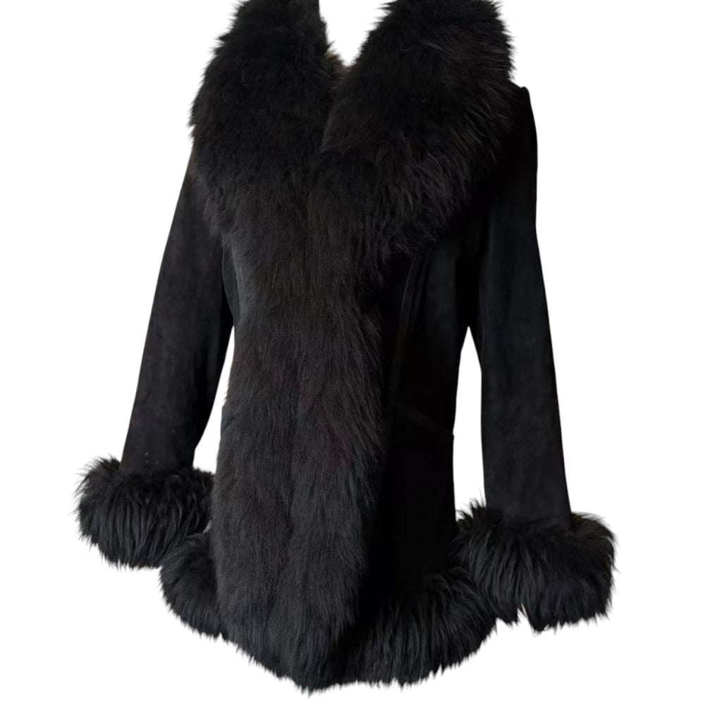 SHEEPSKIN SHEARLING MOUTON REAL FUR MID LENGTH COAT SHAWL COLLAR BLACK M