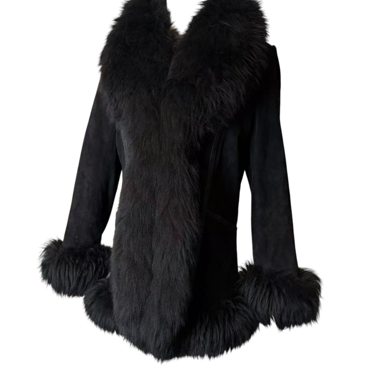SHEEPSKIN SHEARLING MOUTON REAL FUR MID LENGTH COAT SHAWL COLLAR BLACK M