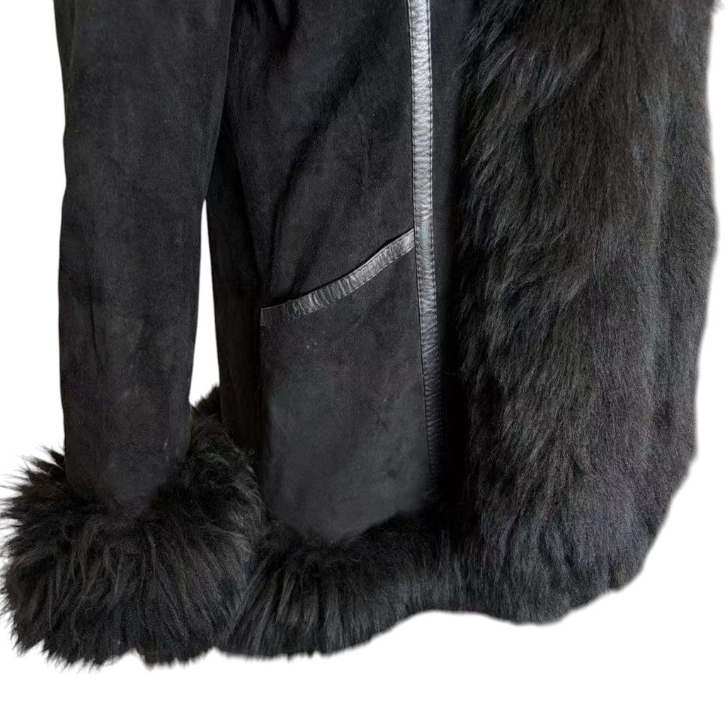 SHEEPSKIN SHEARLING MOUTON REAL FUR MID LENGTH COAT SHAWL COLLAR BLACK M
