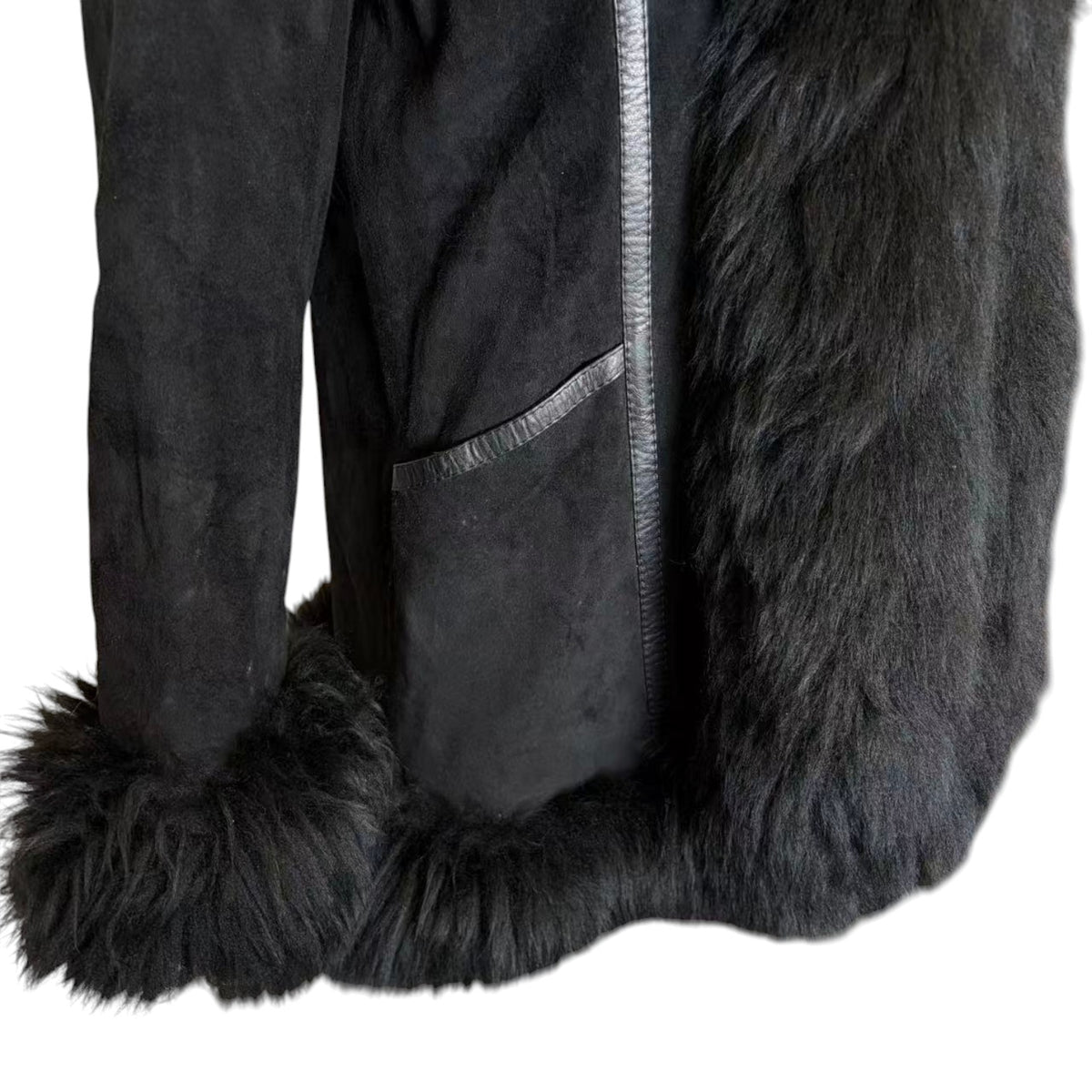 SHEEPSKIN SHEARLING MOUTON REAL FUR MID LENGTH COAT SHAWL COLLAR BLACK M