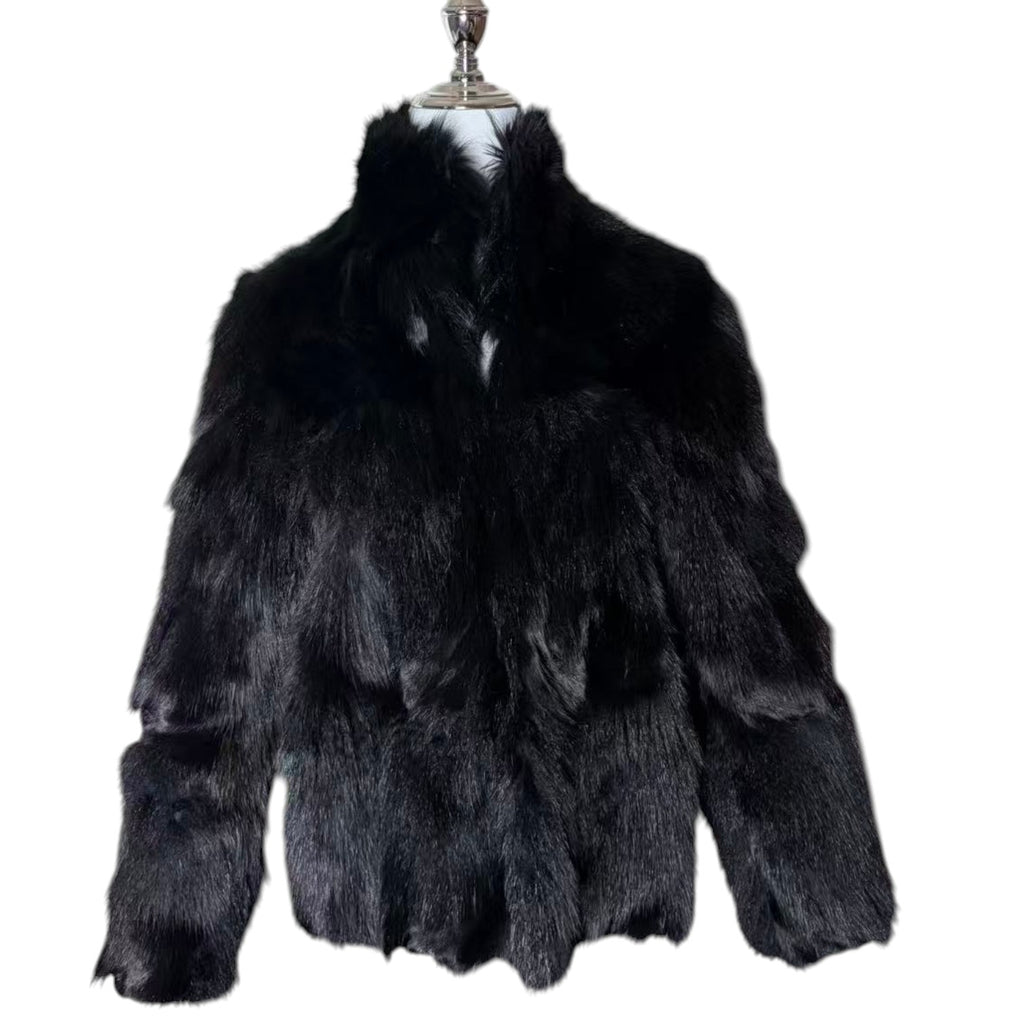 REAL FOX FUR COAT JACKET VOLUMINOUS THICK WARM BLACK FROM JAPAN