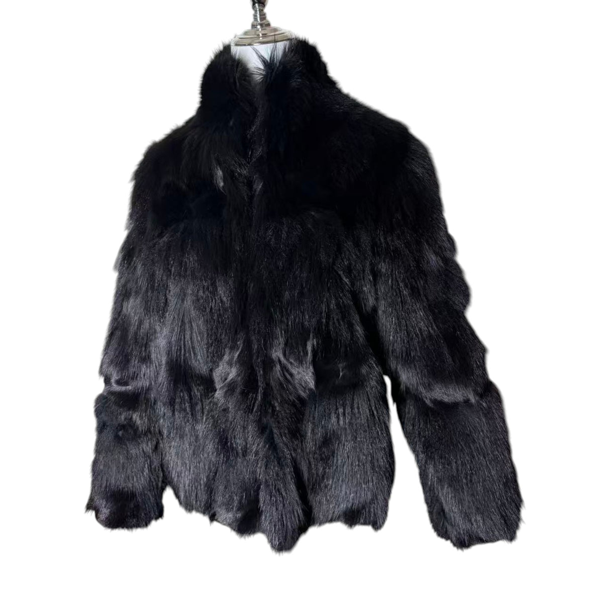 REAL FOX FUR COAT JACKET VOLUMINOUS THICK WARM BLACK FROM JAPAN