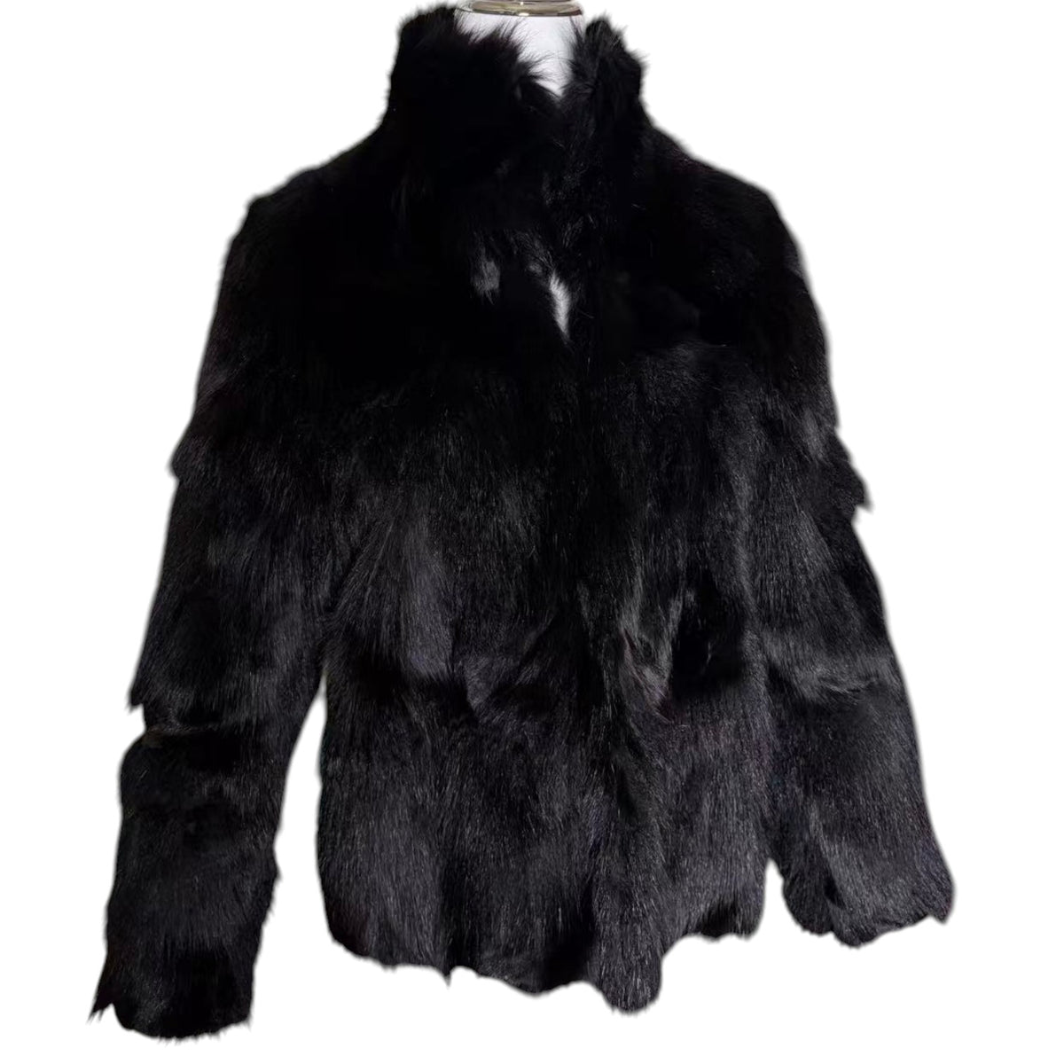 REAL FOX FUR COAT JACKET VOLUMINOUS THICK WARM BLACK FROM JAPAN