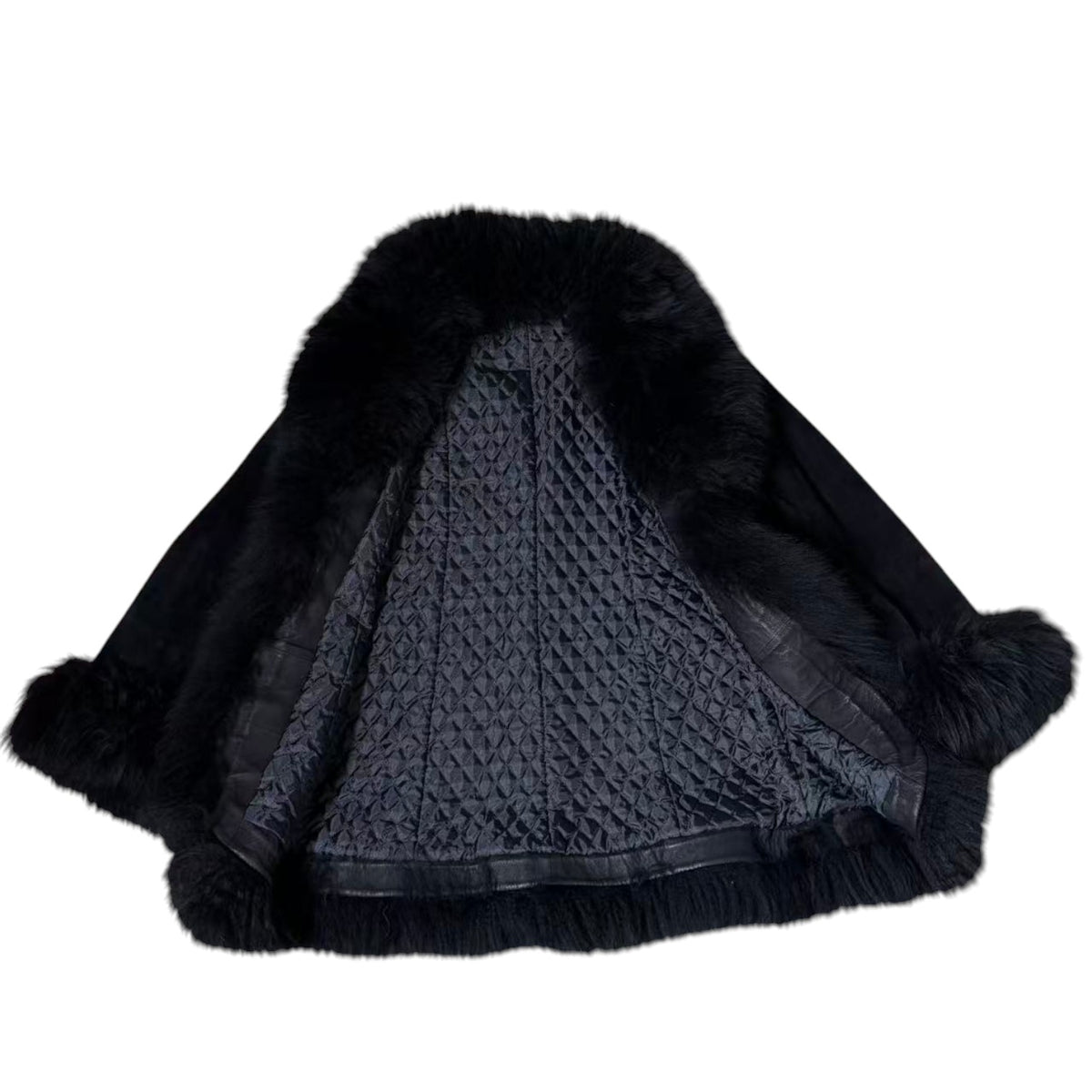SHEEPSKIN SHEARLING MOUTON REAL FUR MID LENGTH COAT SHAWL COLLAR BLACK M