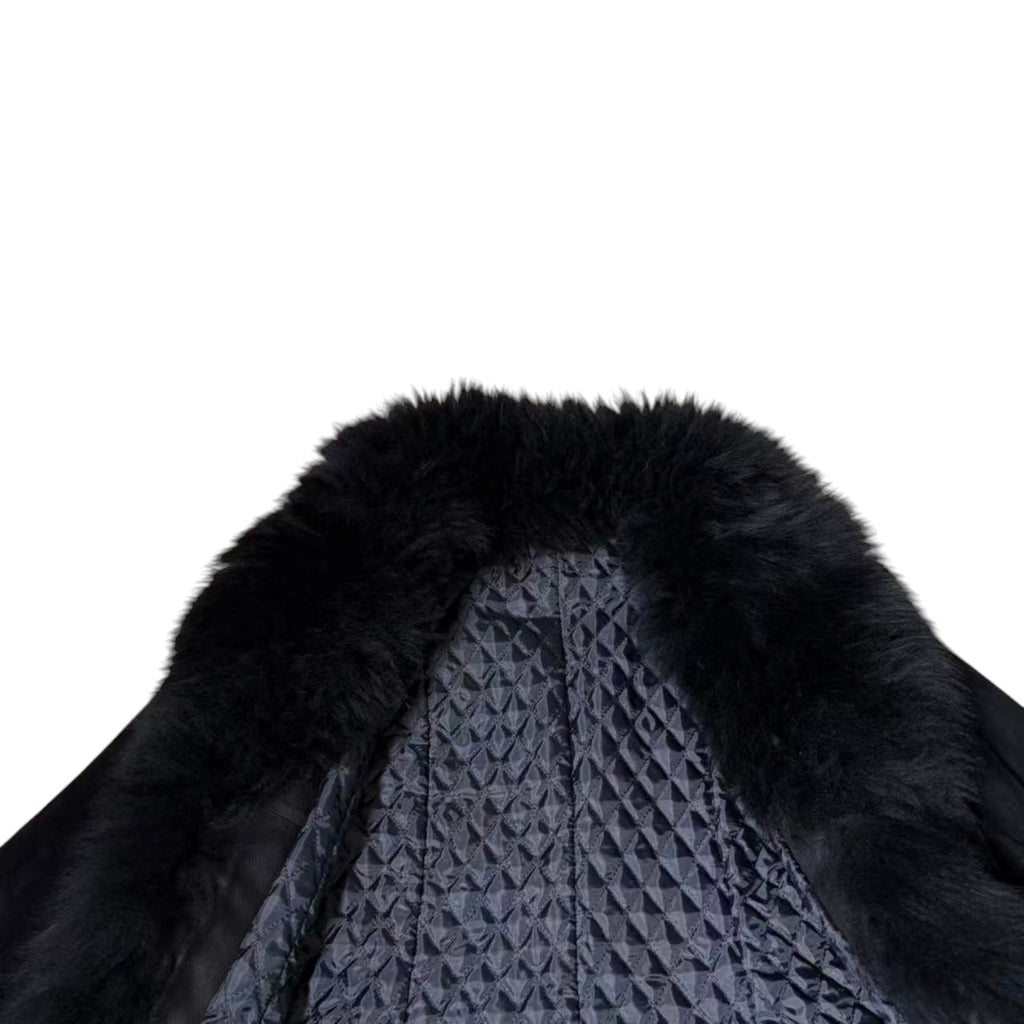 SHEEPSKIN SHEARLING MOUTON REAL FUR MID LENGTH COAT SHAWL COLLAR BLACK M