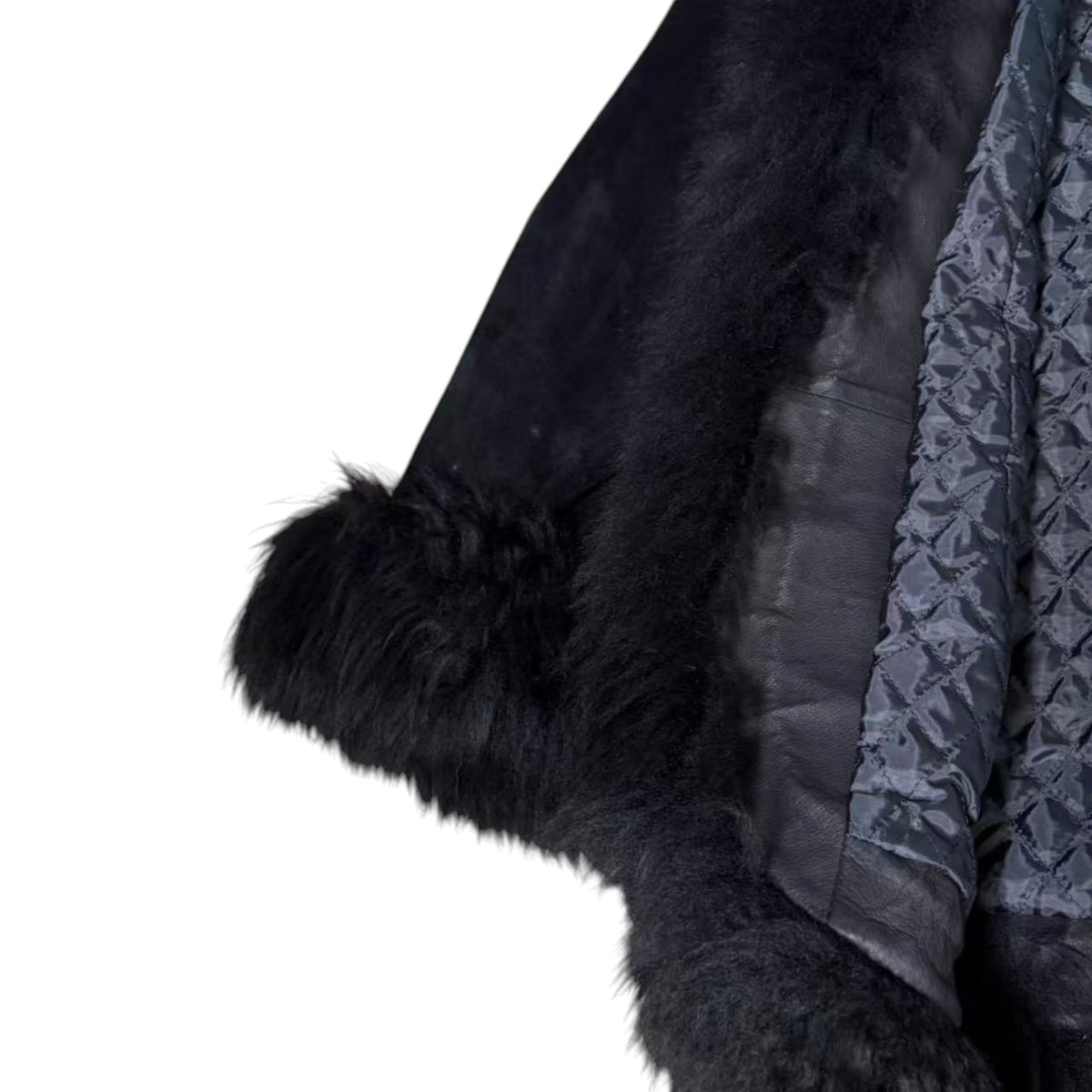 SHEEPSKIN SHEARLING MOUTON REAL FUR MID LENGTH COAT SHAWL COLLAR BLACK M