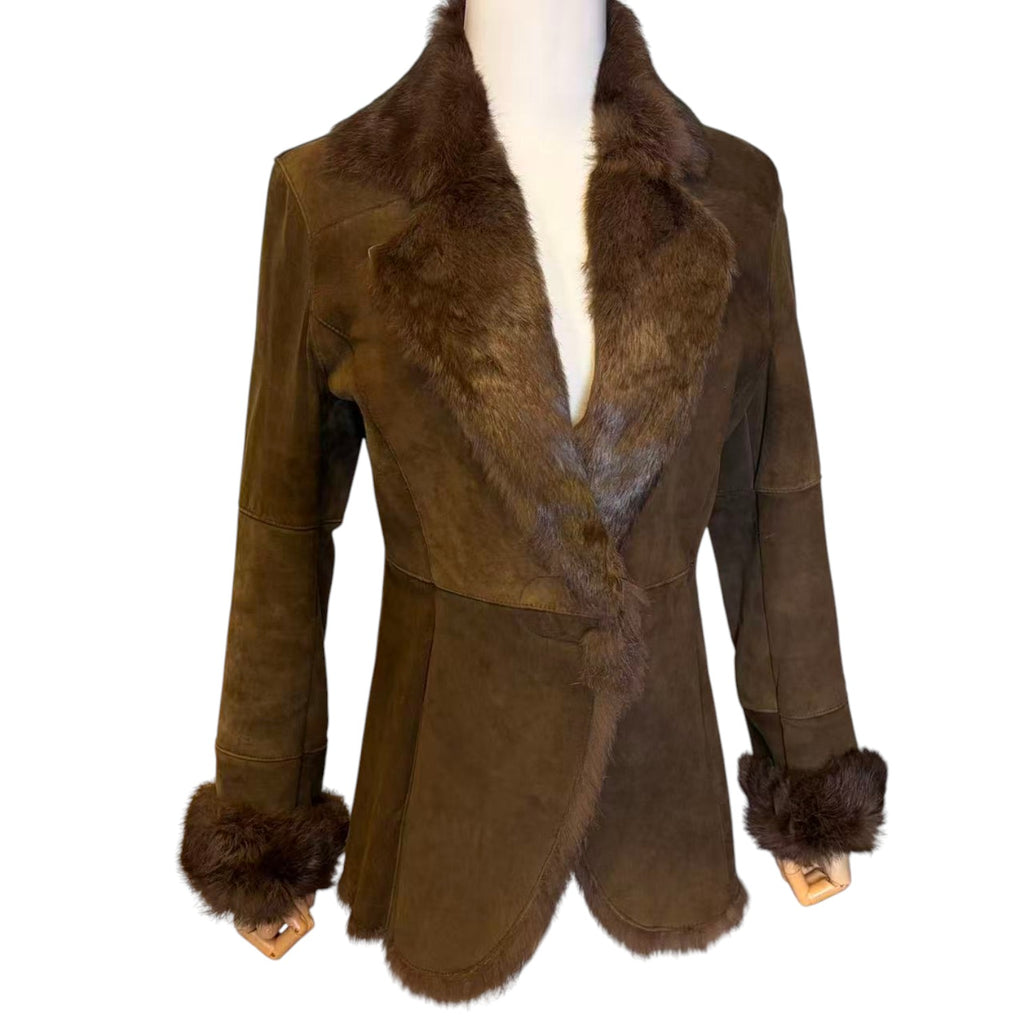 REAL RABBIT FUR SHEEPSKIN STYLE SHORT COAT JACKET DARK BROWN SIZE 11 M