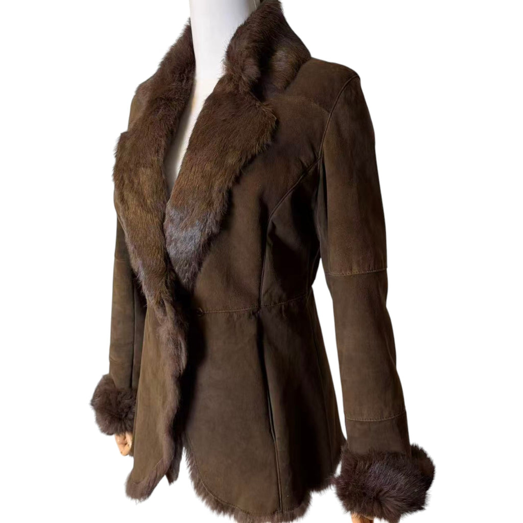 REAL RABBIT FUR SHEEPSKIN STYLE SHORT COAT JACKET DARK BROWN SIZE 11 M