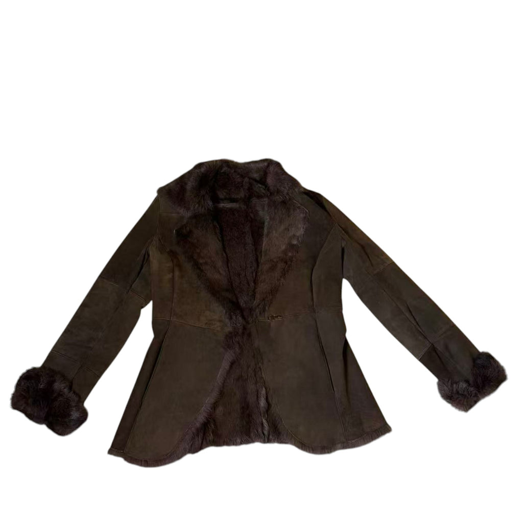 REAL RABBIT FUR SHEEPSKIN STYLE SHORT COAT JACKET DARK BROWN SIZE 11 M