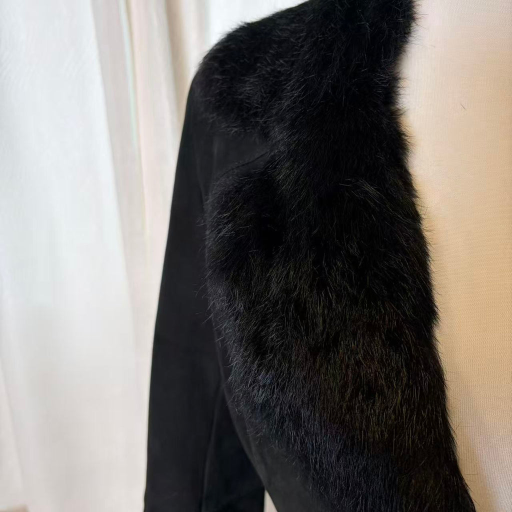 SHEEPSKIN SHEARLING REAL FUR JACKET SHORT COAT BLACK LIGHTWEIGHT ELEGANT