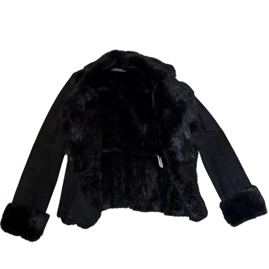 SHEEPSKIN SHEARLING REAL FUR JACKET SHORT COAT BLACK LIGHTWEIGHT ELEGANT