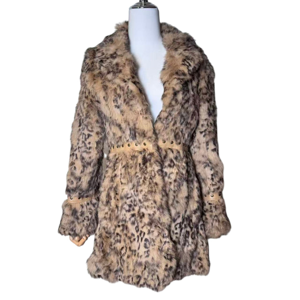 VIVAYOU REAL RABBIT FUR COAT LEOPARD PRINT BEIGE BROWN SIZE 2 JAPAN