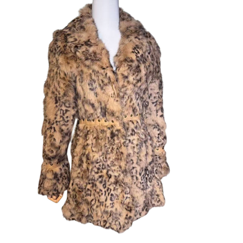 VIVAYOU REAL RABBIT FUR COAT LEOPARD PRINT BEIGE BROWN SIZE 2 JAPAN