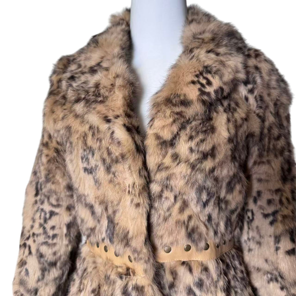 VIVAYOU REAL RABBIT FUR COAT LEOPARD PRINT BEIGE BROWN SIZE 2 JAPAN