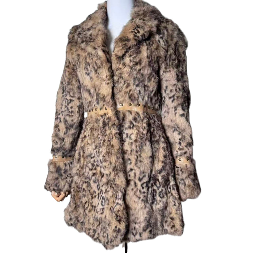 VIVAYOU REAL RABBIT FUR COAT LEOPARD PRINT BEIGE BROWN SIZE 2 JAPAN