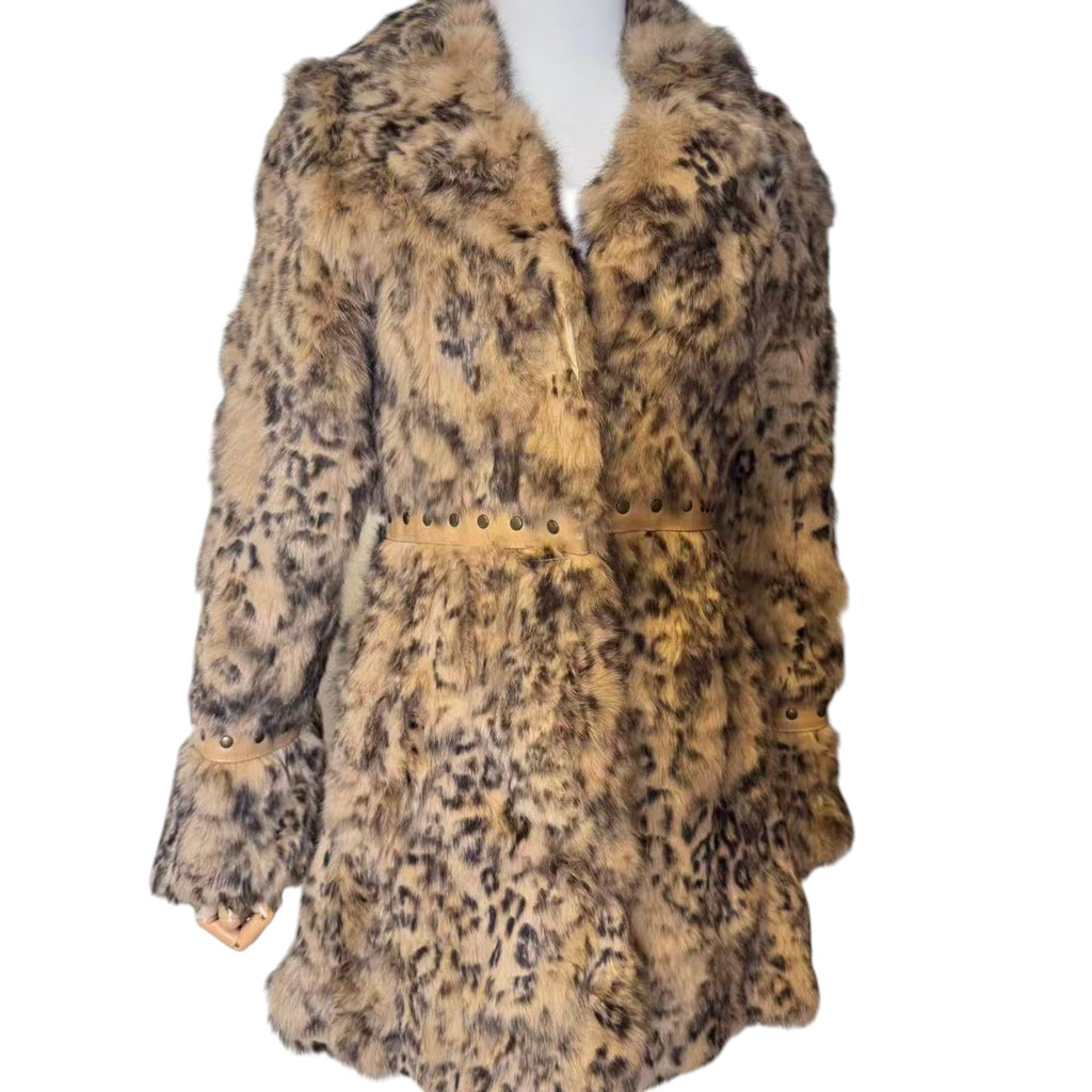 VIVAYOU REAL RABBIT FUR COAT LEOPARD PRINT BEIGE BROWN SIZE 2 JAPAN