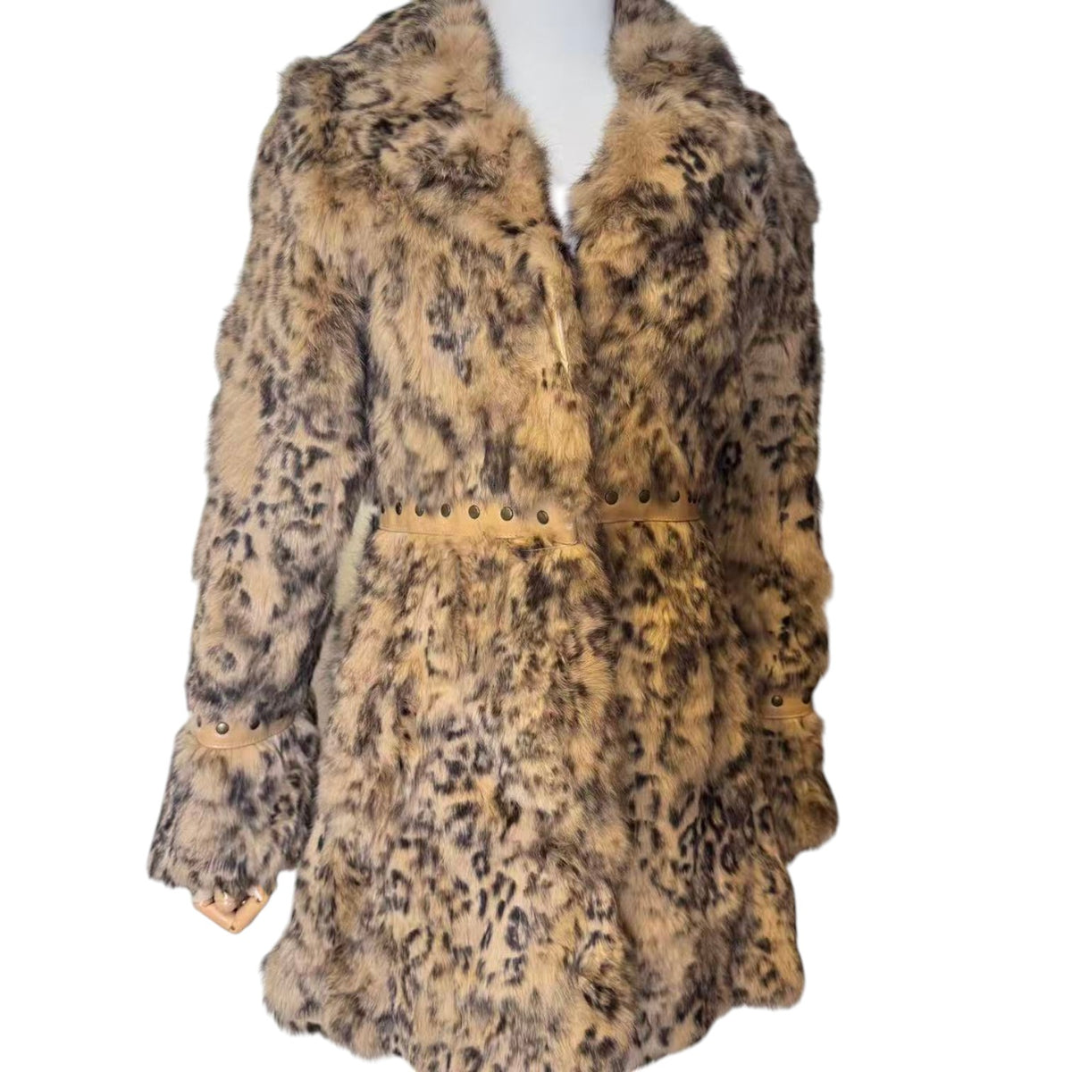 VIVAYOU REAL RABBIT FUR COAT LEOPARD PRINT BEIGE BROWN SIZE 2 JAPAN