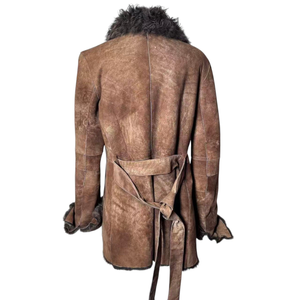 OTTO SHEEPSKIN SHEARLING LEATHER FUR COAT JACKET BELTED BROWN SIZE M