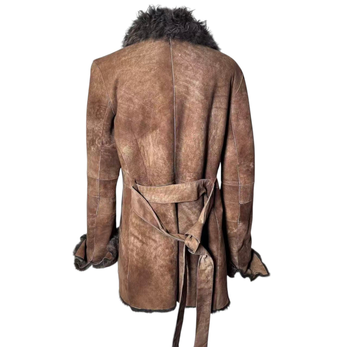 OTTO SHEEPSKIN SHEARLING LEATHER FUR COAT JACKET BELTED BROWN SIZE M