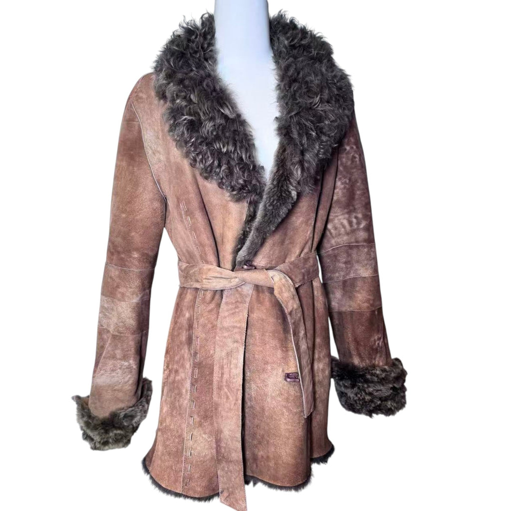 OTTO SHEEPSKIN SHEARLING LEATHER FUR COAT JACKET BELTED BROWN SIZE M
