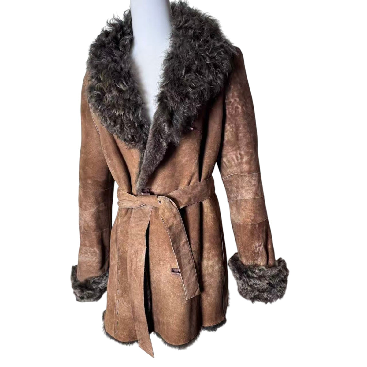 OTTO SHEEPSKIN SHEARLING LEATHER FUR COAT JACKET BELTED BROWN SIZE M