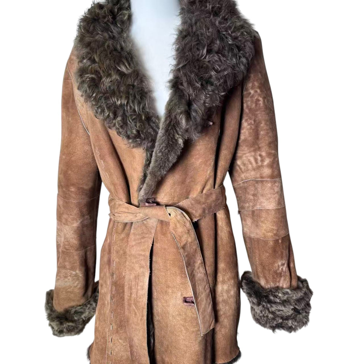 OTTO SHEEPSKIN SHEARLING LEATHER FUR COAT JACKET BELTED BROWN SIZE M