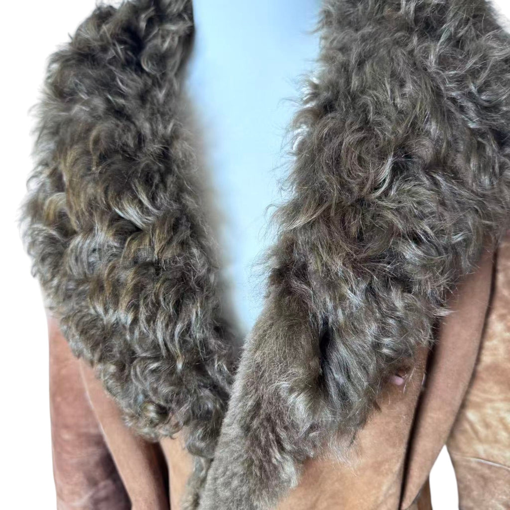 OTTO SHEEPSKIN SHEARLING LEATHER FUR COAT JACKET BELTED BROWN SIZE M