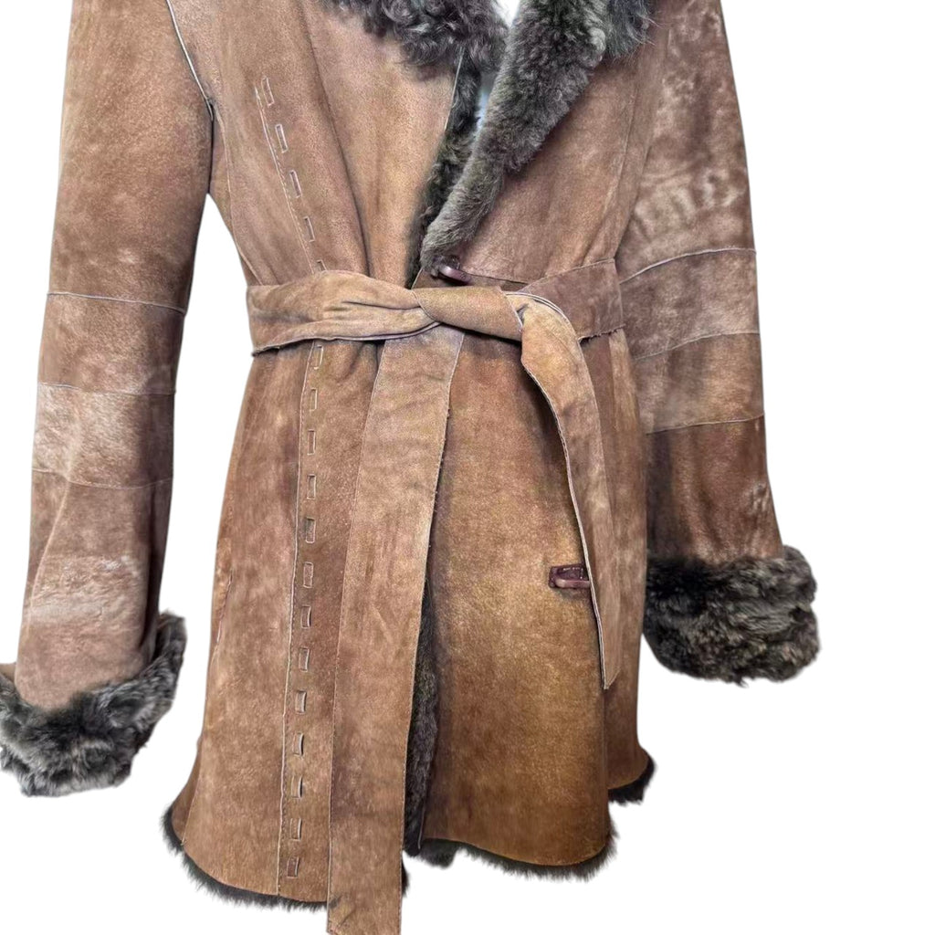 OTTO SHEEPSKIN SHEARLING LEATHER FUR COAT JACKET BELTED BROWN SIZE M